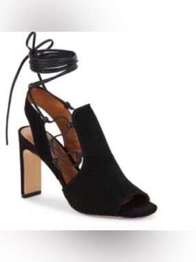 H by Halston Black Suede Lace-Up Block Heel Sandals